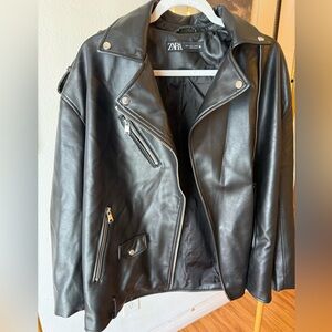 ZARA Black Faux Leather Jacket with Silver Label Detail